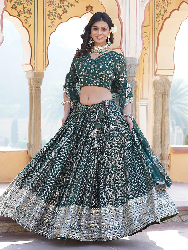 Green Viscose Jacquard With Embroidered Sequins Lehenga Choli