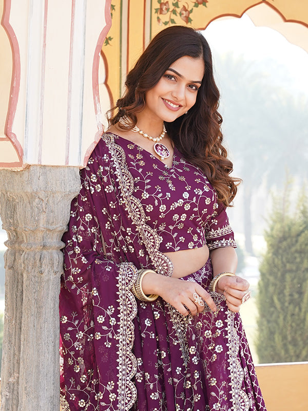 Wine Viscose Jacquard With Embroidered Sequins Lehenga Choli