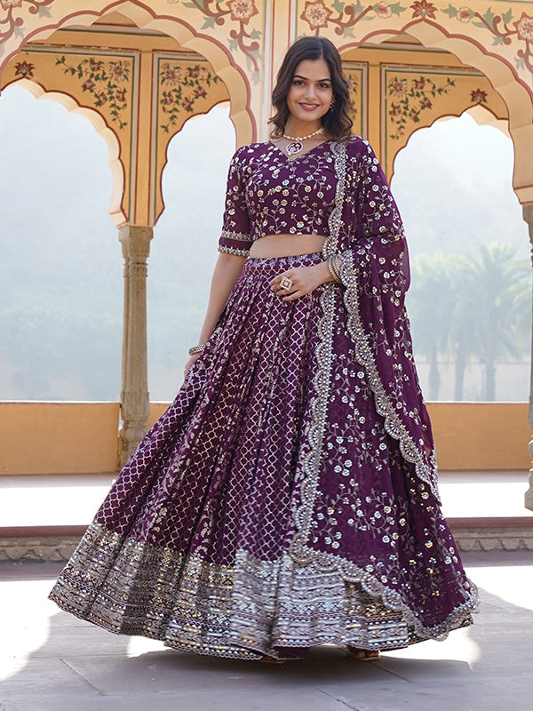 Wine Viscose Jacquard With Embroidered Sequins Lehenga Choli