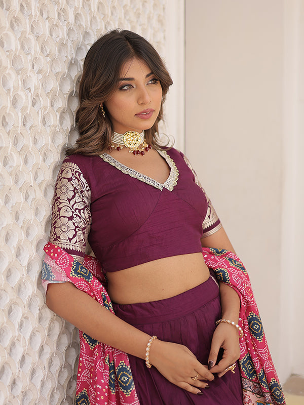 Wine Viscose Jacquard Lehenga Choli With Gajji silk Dupatta