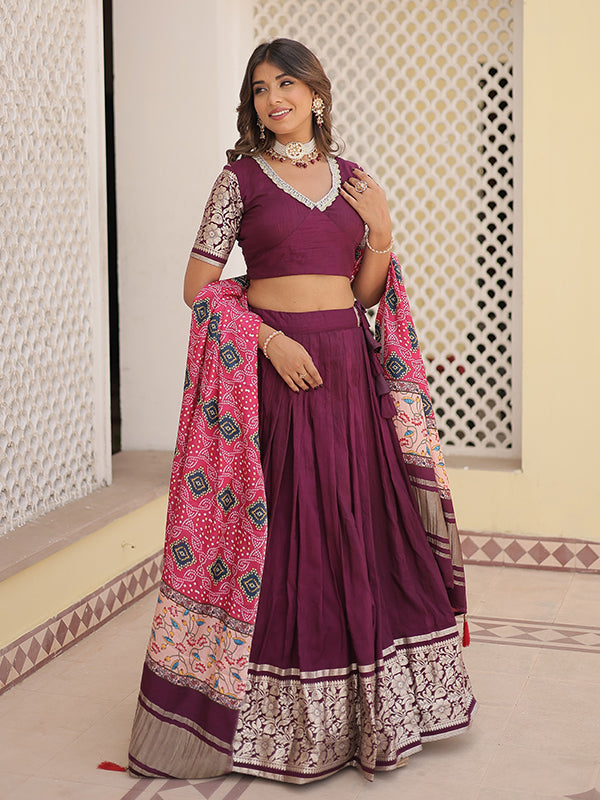 Wine Viscose Jacquard Lehenga Choli With Gajji silk Dupatta