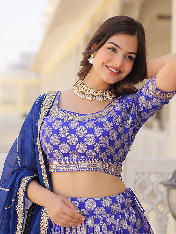 Blue Viscose Jacquard With Embroidered Sequins Lehenga Choli