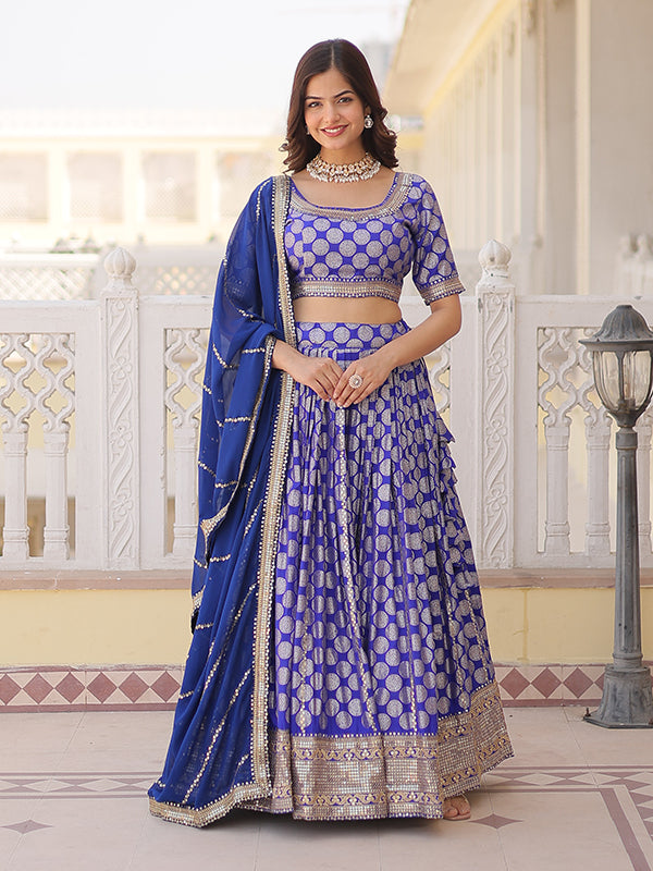 Blue Viscose Jacquard With Embroidered Sequins Lehenga Choli