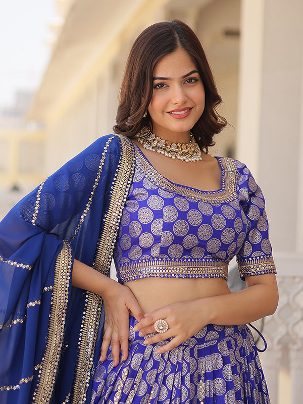 Blue Viscose Jacquard With Embroidered Sequins Lehenga Choli