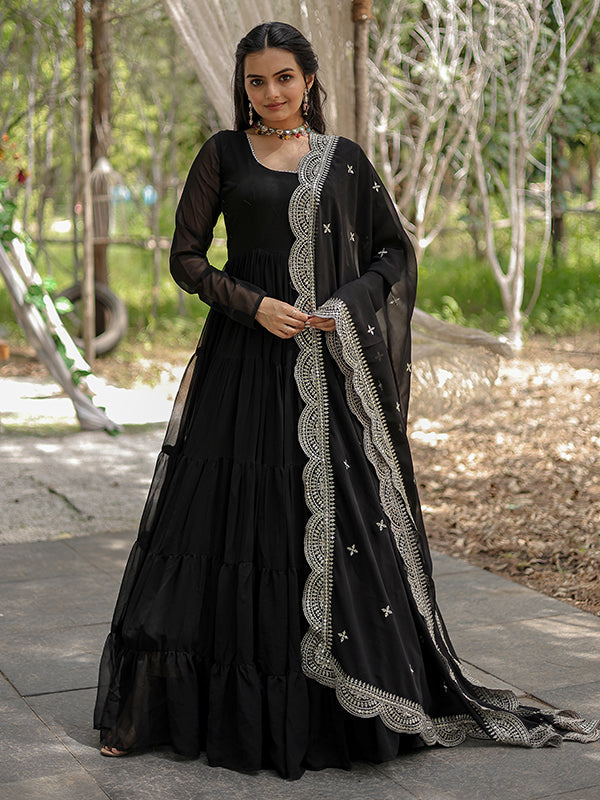 Black Faux Blooming Plain Gown With Sequins Work Dupatta