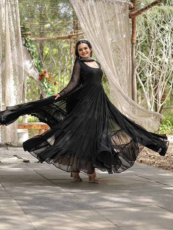 Black Faux Blooming Plain Gown With Sequins Work Dupatta