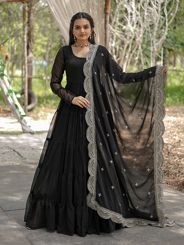 Black Faux Blooming Plain Gown With Sequins Work Dupatta