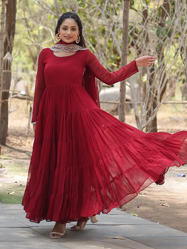 Maroon Faux Blooming Plain Gown With Sequins Work Dupatta