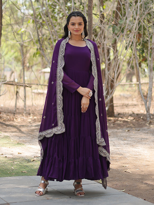 Purple Faux Blooming Plain Gown With Sequins Work Dupatta