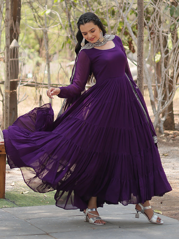 Purple Faux Blooming Plain Gown With Sequins Work Dupatta