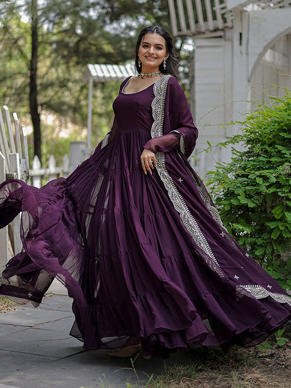 Wine Faux Blooming Plain Gown With Sequins Work Dupatta