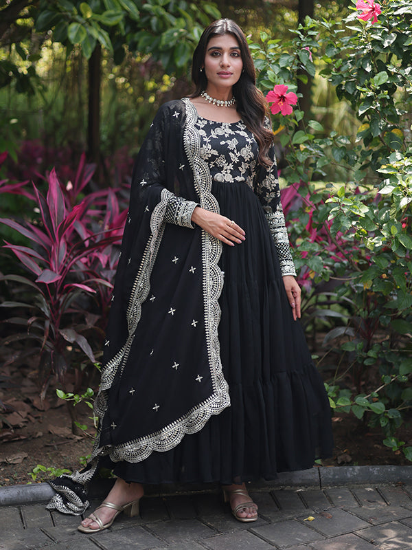 Black Viscose Sequins Embroidered Work Gown With Dupatta