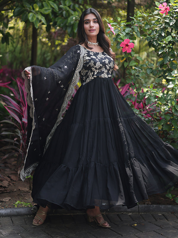 Black Viscose Sequins Embroidered Work Gown With Dupatta