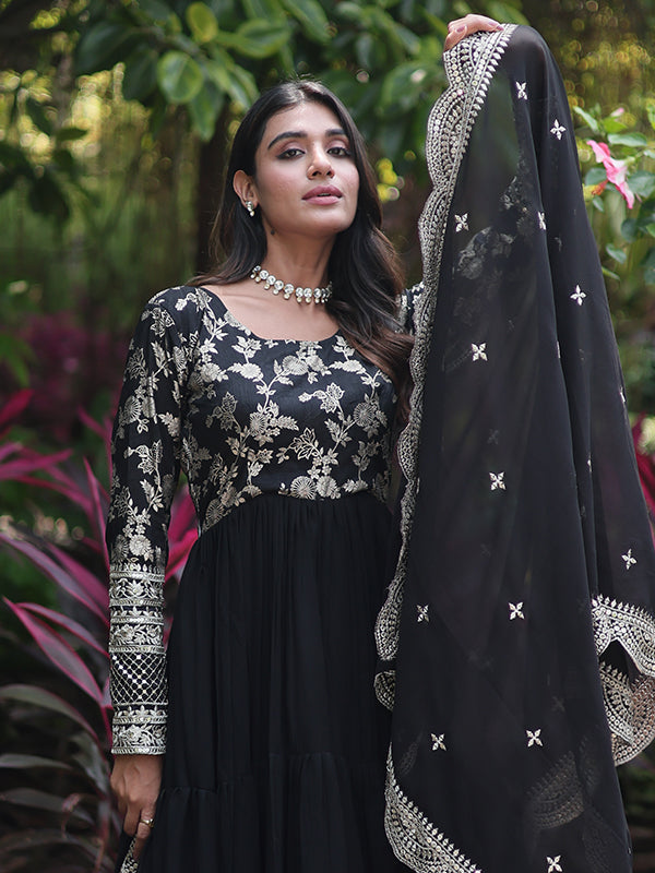 Black Viscose Sequins Embroidered Work Gown With Dupatta