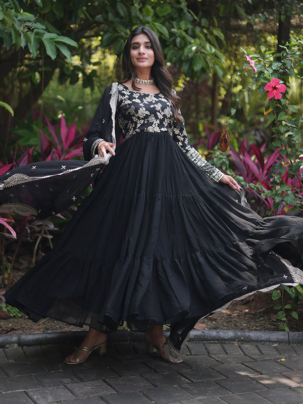 Black Viscose Sequins Embroidered Work Gown With Dupatta