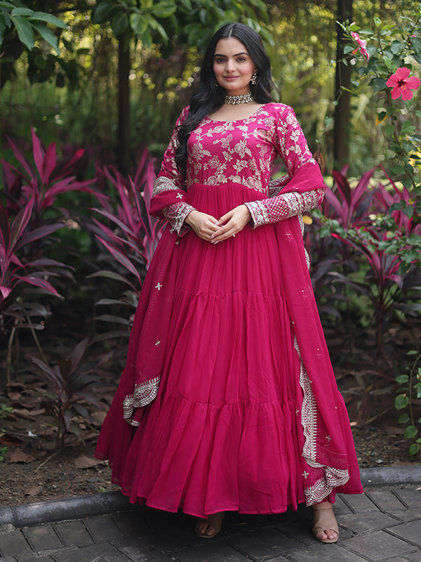 Pink Viscose Sequins Embroidered Work Gown With Dupatta