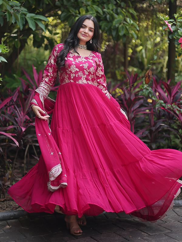 Pink Viscose Sequins Embroidered Work Gown With Dupatta