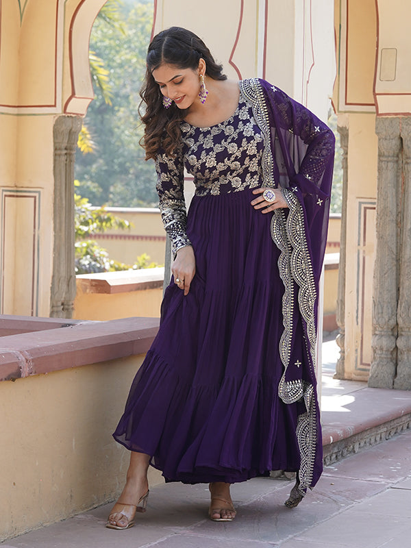 Purple Viscose Sequins Embroidered Work Gown With Dupatta