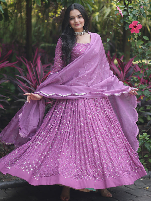 Onion Faux Georgette Sequins Work Gown With Dupatta