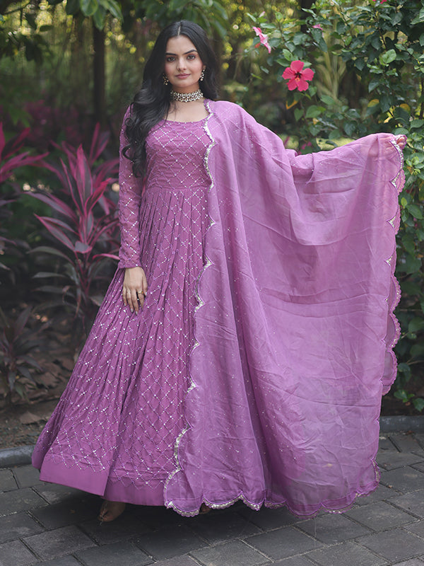 Onion Faux Georgette Sequins Work Gown With Dupatta