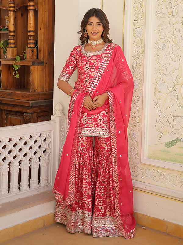 Pink Viscose Jacquard Embroidered Kurta With Sharara & Dupatta