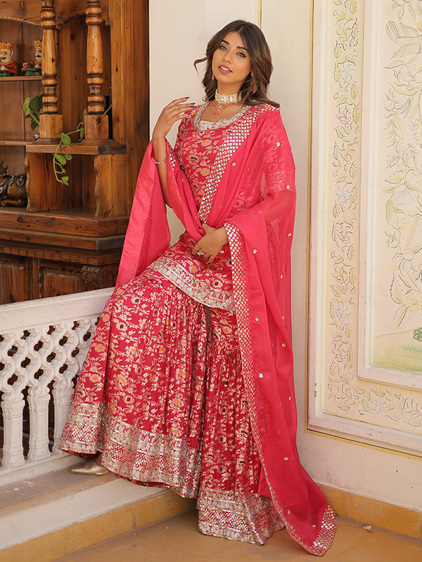 Pink Viscose Jacquard Embroidered Kurta With Sharara & Dupatta