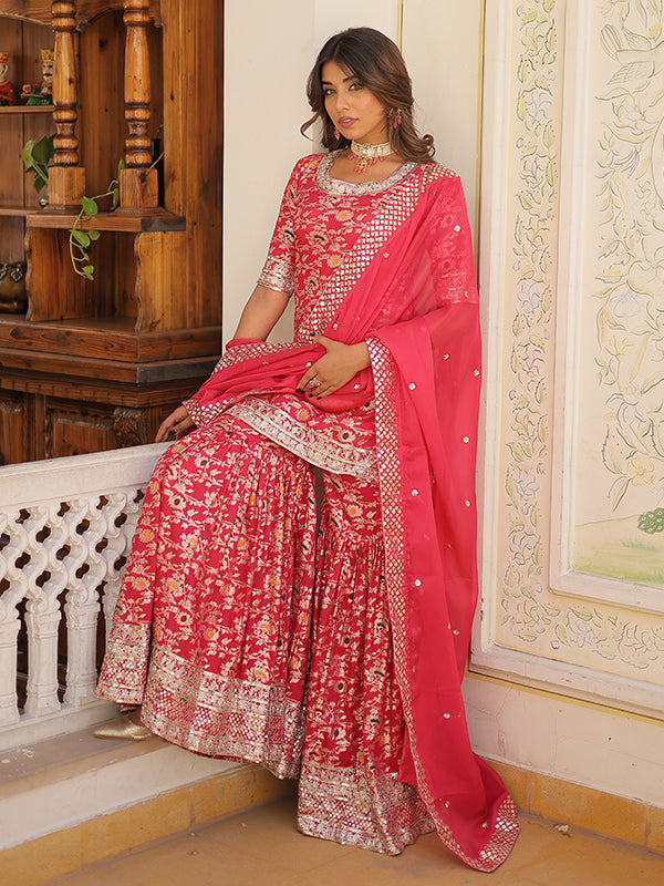 Pink Viscose Jacquard Embroidered Kurta With Sharara & Dupatta