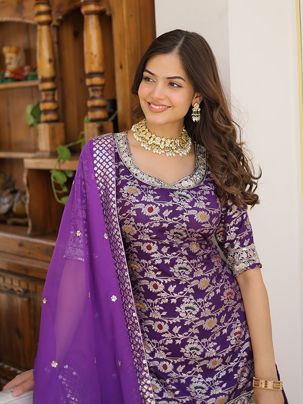 Purple Viscose Jacquerd Embroidered Kurta With Sharara & Dupatta