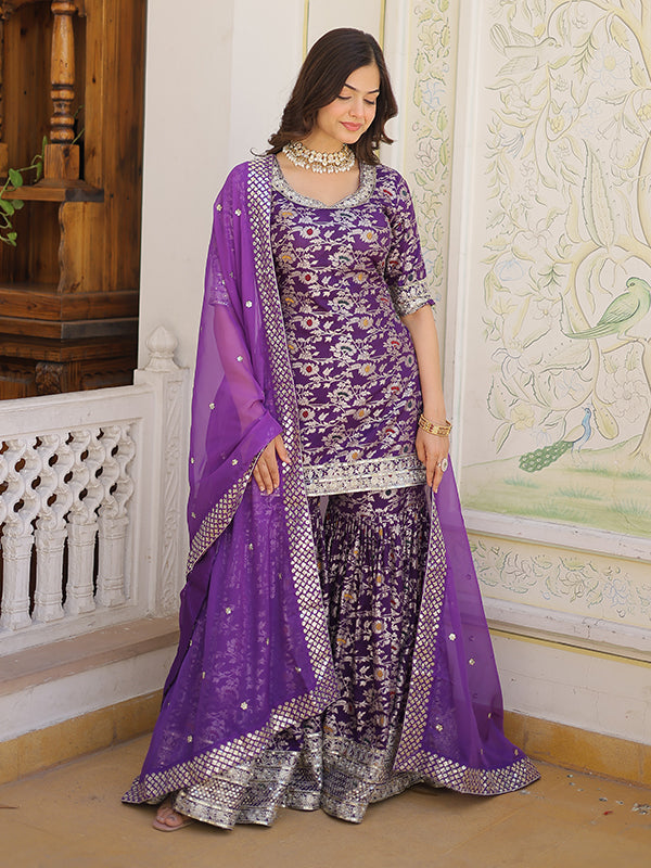 Purple Viscose Jacquerd Embroidered Kurta With Sharara & Dupatta