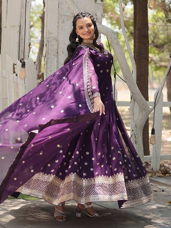 Purple Faux Blooming Rich Sequins Heavy Gown With Dupatta