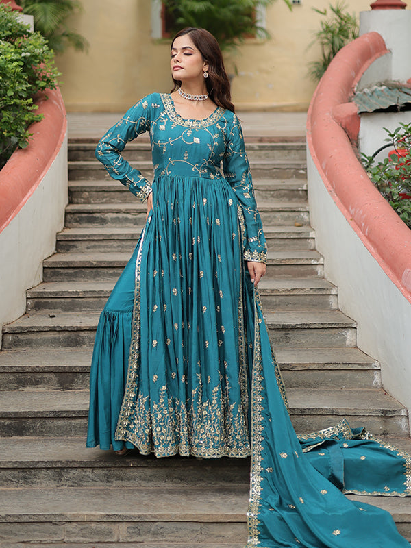 Rama Chinon Rich Sequins Embroidered Kurta With Sharara & Dupatta