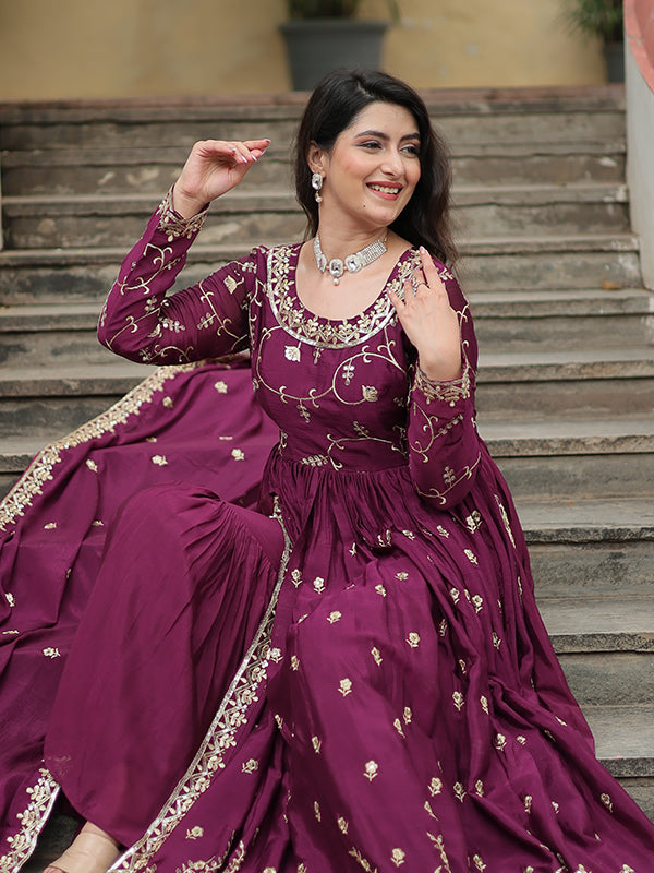 Wine Chinon Rich Sequins Embroidered Kurta With Sharara & Dupatta