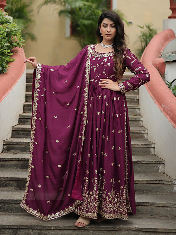 Wine Chinon Rich Sequins Embroidered Kurta With Sharara & Dupatta