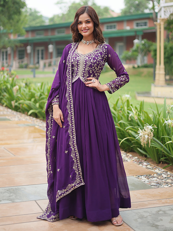 Purple Faux Blooming Rich Sequins Embroidered Gown With Dupatta