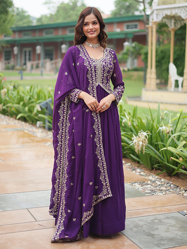 Purple Faux Blooming Rich Sequins Embroidered Gown With Dupatta