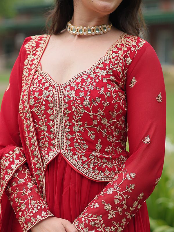 Red Faux Blooming Rich Sequins Embroidered Gown With Dupatta