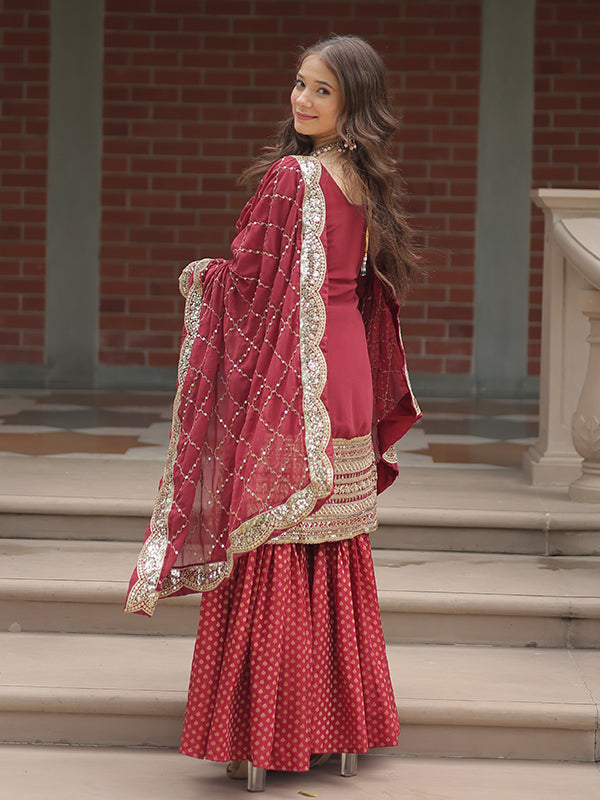 Gajari Faux Georgette Embroidered Kurta With Sharara & Dupatta