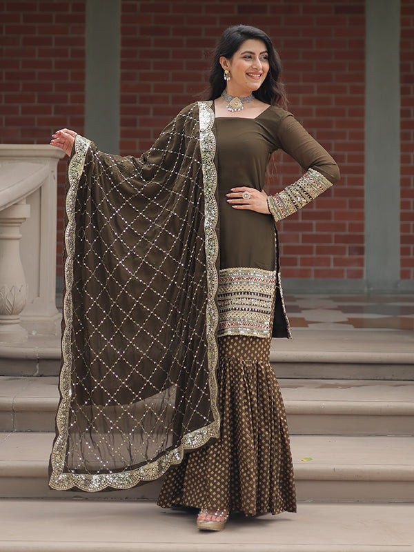 Mehndi Faux Georgette Embroidered Kurta With Sharara & Dupatta