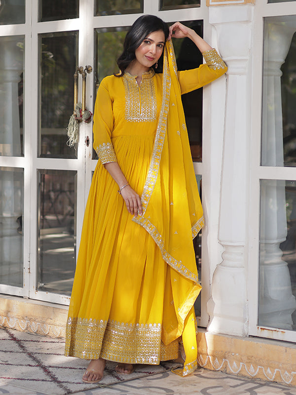 Yellow Faux Georgette Rich Sequins Embroidered Gown With Dupatta