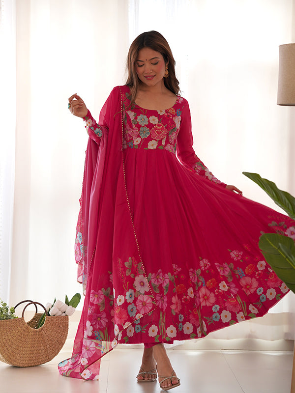 Flower Pink Printed Anarkali Gown With Pant & Dupatta Set