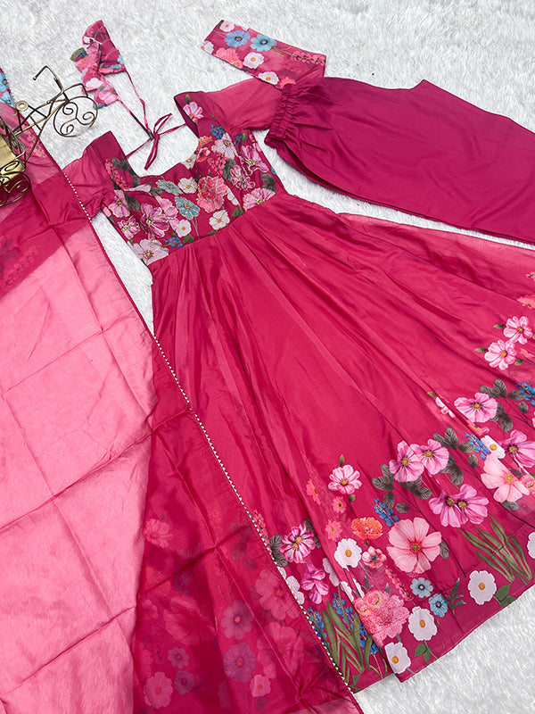 Flower Pink Printed Anarkali Gown With Pant & Dupatta Set