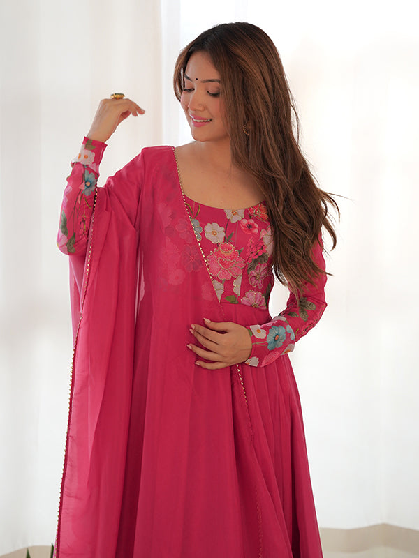 Flower Pink Printed Anarkali Gown With Pant & Dupatta Set