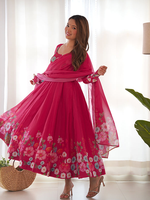 Flower Pink Printed Anarkali Gown With Pant & Dupatta Set