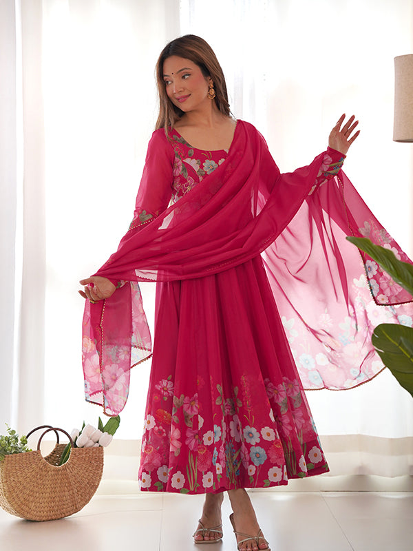 Flower Pink Printed Anarkali Gown With Pant & Dupatta Set