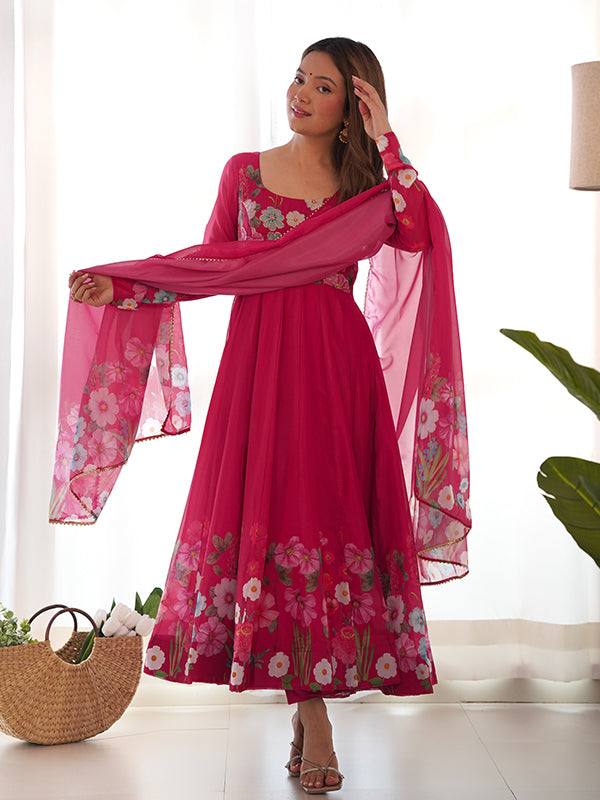 Flower Pink Printed Anarkali Gown With Pant & Dupatta Set