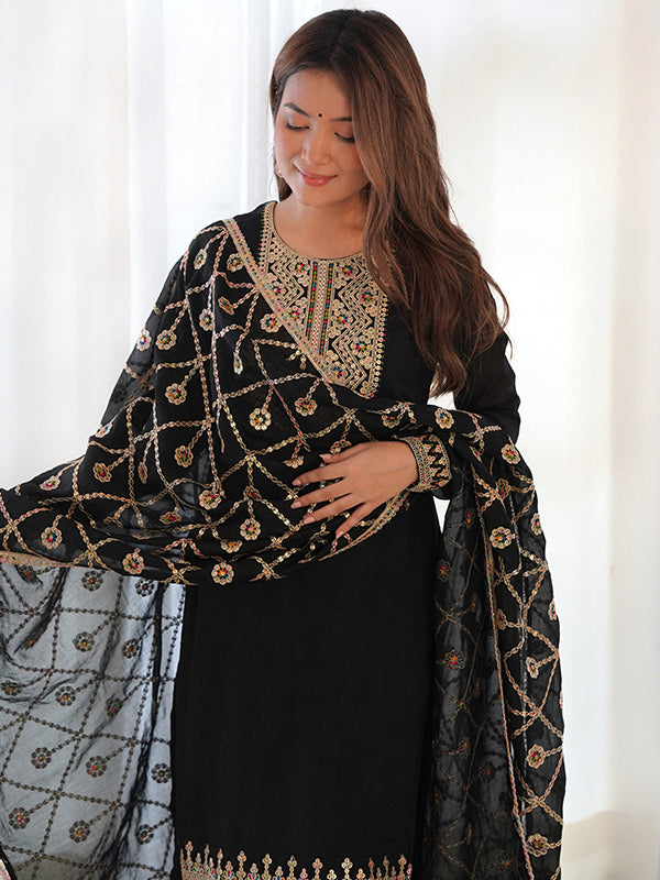 Black Silk Embroidered Straight Kurti With Pant & Dupatta Set