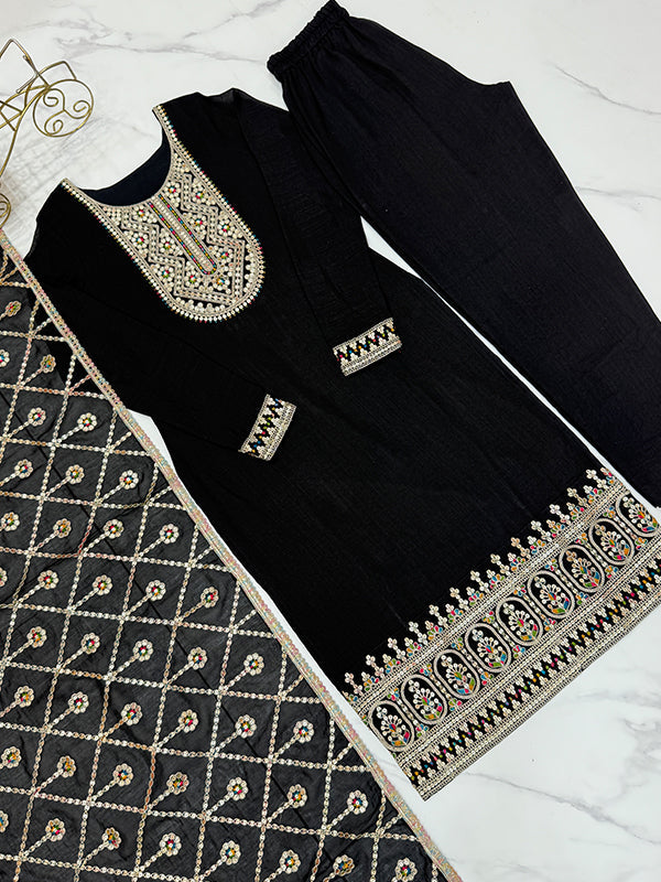 Black Silk Embroidered Straight Kurti With Pant & Dupatta Set