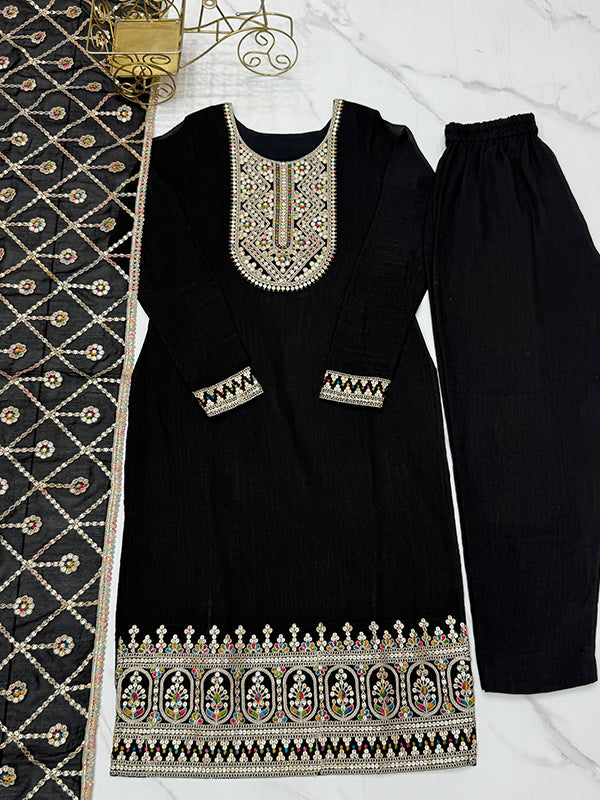 Black Silk Embroidered Straight Kurti With Pant & Dupatta Set