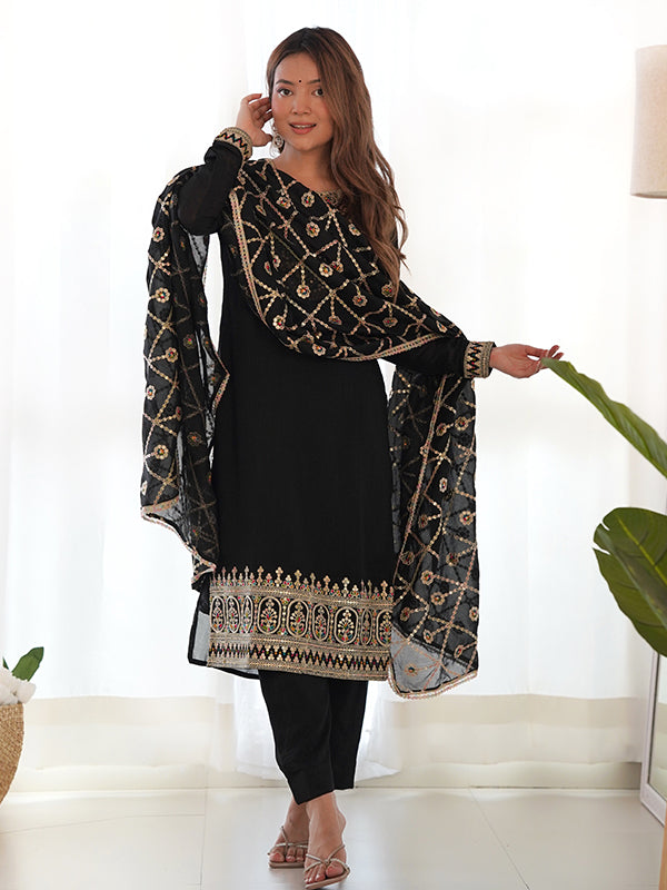 Black Silk Embroidered Straight Kurti With Pant & Dupatta Set