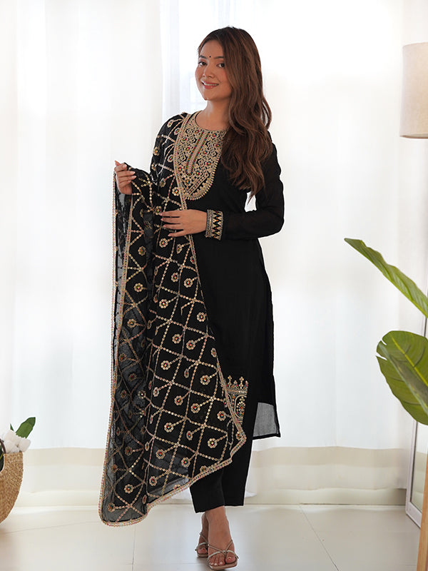 Black Silk Embroidered Straight Kurti With Pant & Dupatta Set